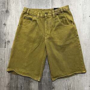 Vintage Al Sport Olive Mustard Green Denim Shorts Mens Sz 30 Long Fit 1990s